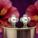 Load image into Gallery viewer, Pearl & Diamond Stud Earrings | Clover Design | Art Palace