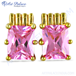 Load image into Gallery viewer, Gold stud earrings featuring vibrant pink gemstones, perfect for any occasion.