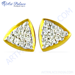 Load image into Gallery viewer, Gold triangle stud earrings with white cubic zirconia stones, perfect for women.