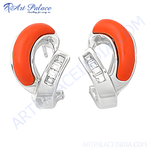 将图像加载到图库查看器中, Silver hoop earrings with a vibrant orange coral inlay, perfect for women's fashion jewelry.