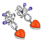 Load image into Gallery viewer, Silver Heart Dangle Earrings with Purple & Red Gemstones