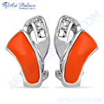 Load image into Gallery viewer, Silver stud earrings with orange enamel and gemstone accents, perfect for women