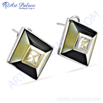 Load image into Gallery viewer, Square silver stud earrings with mother of pearl and a central gemstone, perfect for women's fashion.