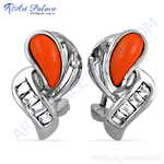 将图像加载到图库查看器中, Sterling silver stud earrings with vibrant orange coral gemstone and clear stone accents.