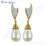Load image into Gallery viewer, Gold teardrop pearl drop earrings with sparkling stones, a beautiful piece of jewelry