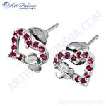 Load image into Gallery viewer, 925 sterling silver heart-shaped stud earrings with red ruby gemstones