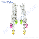 Load image into Gallery viewer, Silver dangle earrings with clear and colored gemstones in pink, green, and yellow.