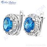 将图像加载到图库查看器中, 925 silver stud earrings with oval blue topaz gemstone and sparkling halo setting