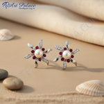 Load image into Gallery viewer, Silver Pearl & Ruby Flower Stud Earrings | Women's Floral Jewelry