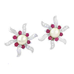 Load image into Gallery viewer, Silver Pearl & Ruby Flower Stud Earrings | Women's Floral Jewelry