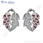 Load image into Gallery viewer, Sterling silver leaf stud earrings featuring ruby gemstones and diamond accents. Elegant and stylish earrings for women.