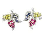 将图像加载到图库查看器中, Silver Leaf Stud Earrings with Ruby & Sapphire Gemstones