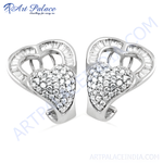 Load image into Gallery viewer, Silver heart-shaped stud earrings with a pave of sparkling diamonds, perfect for everyday wear.
