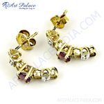 Load image into Gallery viewer, Gold stud earrings with ruby and diamond gemstones for women.