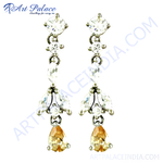 将图像加载到图库查看器中, Silver drop dangle earrings with sparkling white accents and a citrine colored gemstone drop