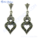 Load image into Gallery viewer, 925 sterling silver marcasite heart drop earrings with intricate detailing, suitable for women