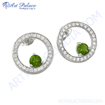 Load image into Gallery viewer, 925 sterling silver stud earrings with round green peridot gemstone and cubic zirconia halo