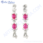 Load image into Gallery viewer, Sterling silver drop earrings featuring pink oval-cut gemstones and the numbers 2 and 4.