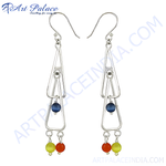 Load image into Gallery viewer, 925 sterling silver drop earrings with geometric design and colorful gemstones.