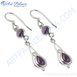 Load image into Gallery viewer, Sterling silver drop earrings with oval amethyst gemstones, a beautiful purple color.