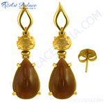 Load image into Gallery viewer, Gold teardrop earrings featuring citrine and brown gemstones, perfect for women.