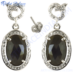 Load image into Gallery viewer, 925 sterling silver dangle earrings with oval black sapphire stones and white accents