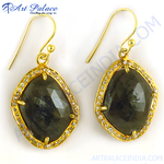 Load image into Gallery viewer, Gold dangle earrings with labradorite gemstones and surrounding diamonds. Elegant and stylish earrings for women.