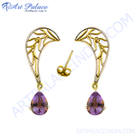 Load image into Gallery viewer, Gold and silver dangle earrings with pear-shaped amethyst gemstones, purple earrings