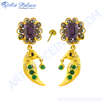 Load image into Gallery viewer, Gold peacock dangle earrings with emerald and amethyst gemstones, a luxurious piece of jewelry.