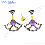 Load image into Gallery viewer, Gold and amethyst fan-shaped dangle earrings with gemstone accents, perfect for women.