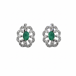 Load image into Gallery viewer, Emerald and Diamond Stud Earrings | Silver Floral Design for Women
