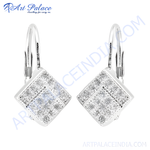 将图像加载到图库查看器中, 925 silver square leverback earrings with diamond accents, elegant jewelry for women.