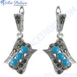 Load image into Gallery viewer, 925 sterling silver dangle earrings with marcasite and three turquoise gemstones