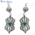 Load image into Gallery viewer, 925 sterling silver dangle earrings with green gemstone and marcasite accents