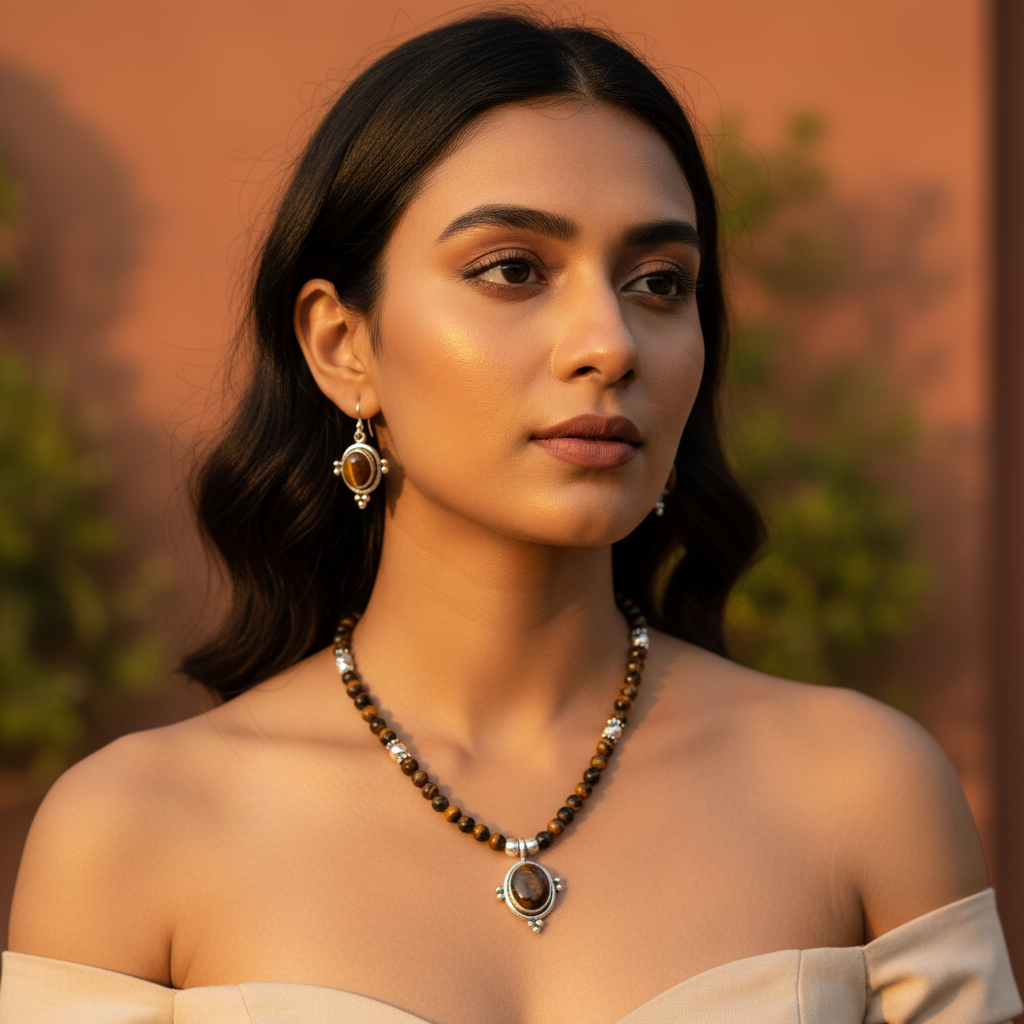 925 sterling silver tiger eye beaded necklace and earrings set, brown gemstone jewelry