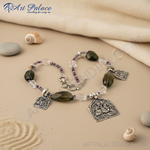 Load image into Gallery viewer, Silver Beaded Necklace with Green Gemstone Pendants | For Women