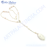 Load image into Gallery viewer, Elegant silver tone lariat necklace featuring pearls, a stunning piece of jewelry for women.