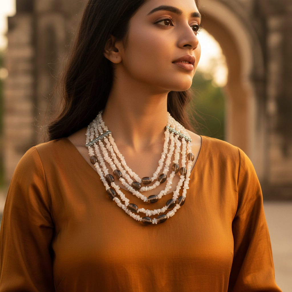Multi strand necklace featuring white gemstone chips and smoky quartz beads on a black mannequin