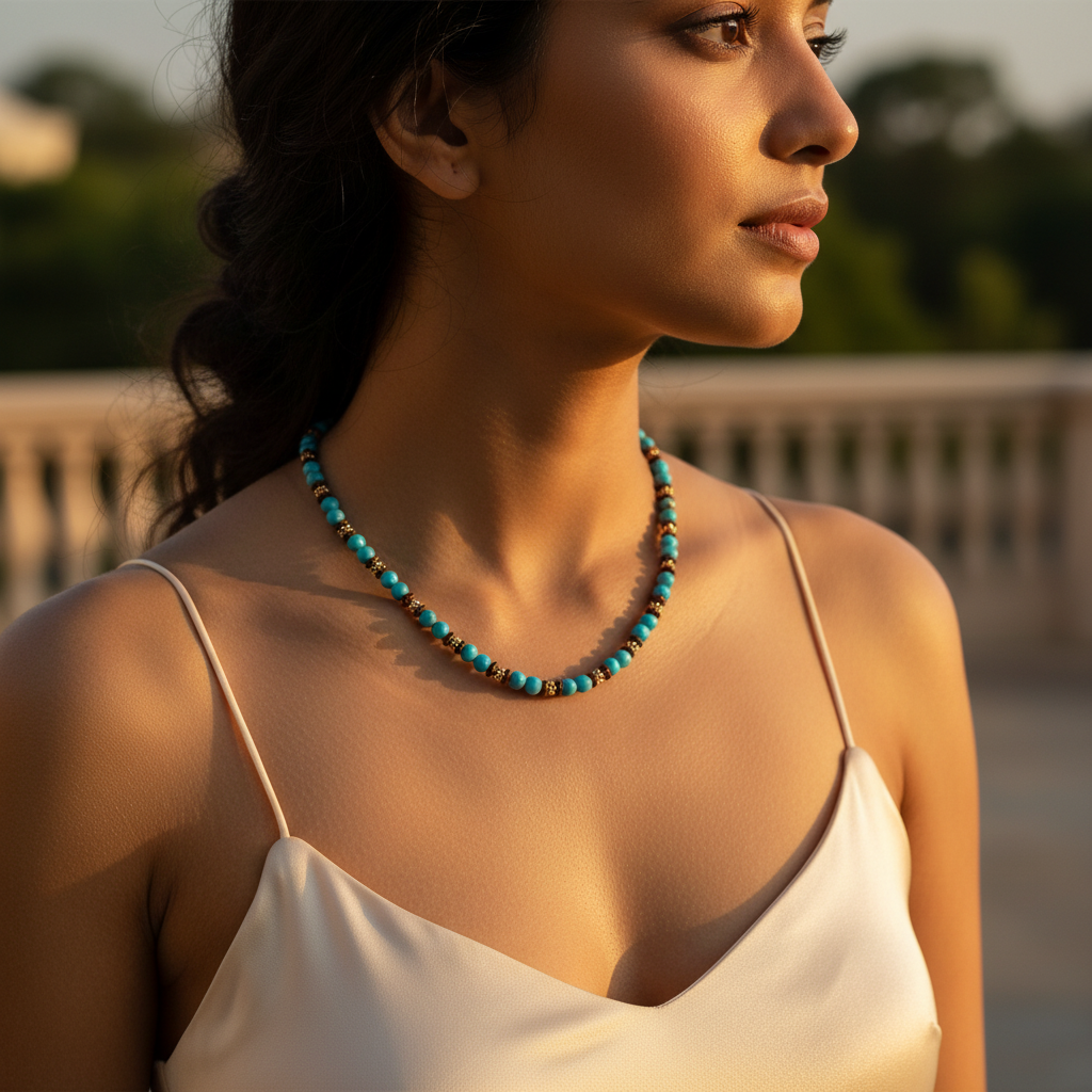 Turquoise bead necklace displayed on a mannequin, featuring turquoise and brown beads with silver accents