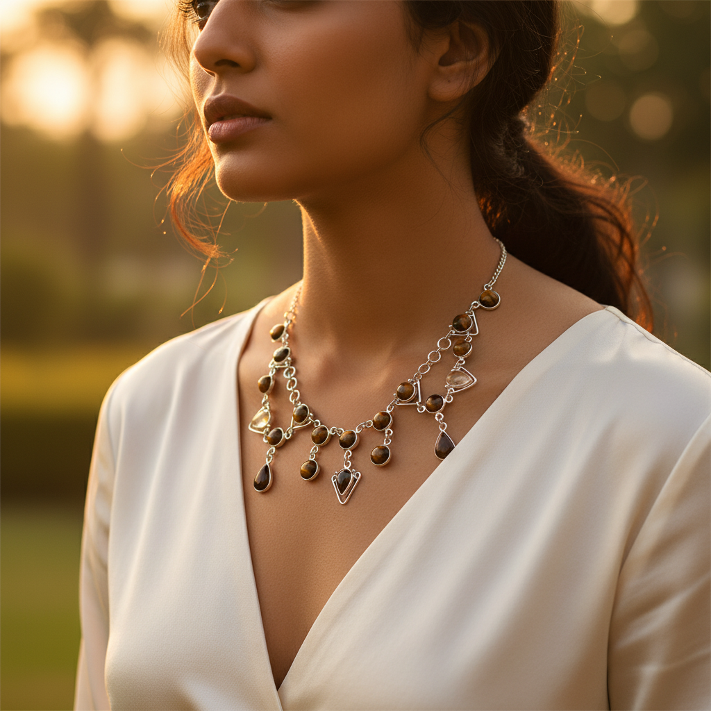 925 sterling silver necklace featuring tiger eye stones, a beautiful gemstone necklace