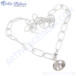 Load image into Gallery viewer, Sterling silver chain necklace with an oval pendant featuring a clear gemstone for women.