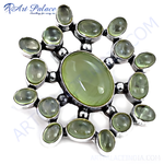 Load image into Gallery viewer, 925 sterling silver ring with a large oval prehnite gemstone and a halo of smaller prehnite stones.