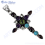 Load image into Gallery viewer, Sterling silver cross pendant with colorful gemstones including purple, turquoise, and green stones