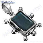 Load image into Gallery viewer, 925 sterling silver labradorite pendant with a rectangular blue-green gemstone center