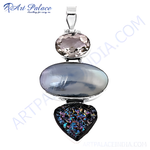 Load image into Gallery viewer, Sterling silver pendant necklace with quartz crystal, mother of pearl and a heart shaped druzy stone gemstones