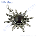 Load image into Gallery viewer, 925 sterling silver sunburst pendant with a black pearl gemstone center, a unique piece of jewelry.