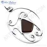 Load image into Gallery viewer, 925 sterling silver pendant with a polished brown agate gemstone center