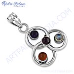 Load image into Gallery viewer, 925 sterling silver gemstone pendant necklace with amethyst, garnet and moonstone.