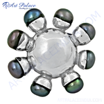 Load image into Gallery viewer, Sterling silver flower pendant with central pearl and surrounding iridescent pearls, ideal for women's jewelry.