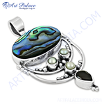 将图像加载到图库查看器中, 925 sterling silver abalone shell pendant with pearl accents and a teardrop-shaped onyx stone.